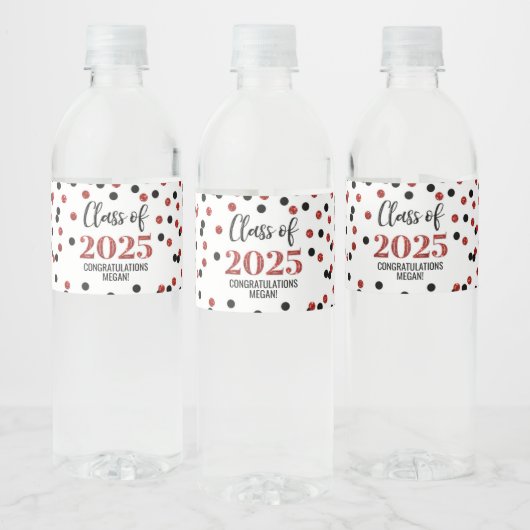 Black Red Glitter Klasse van 2025 Afstuderen Waterfles Etiket (Flessen)