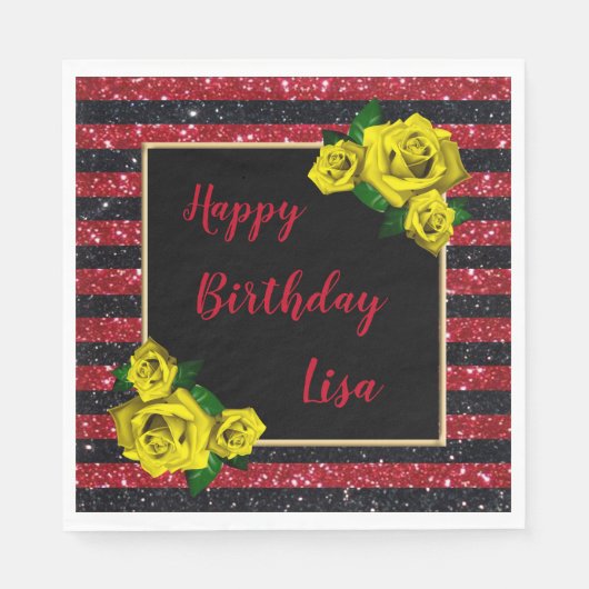 Black Red Glitter Stripes Yellow Roses Birthday Servet (Voorkant)