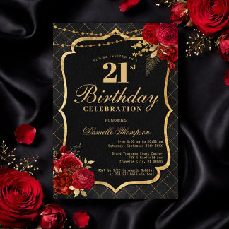 Black, Red & Gold 21st Birthday Invitation Kaart