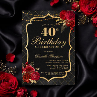 Black, Red & Gold 40th Birthday Invitation Kaart