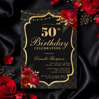 Black, Red & Gold 50th Birthday Invitation Kaart