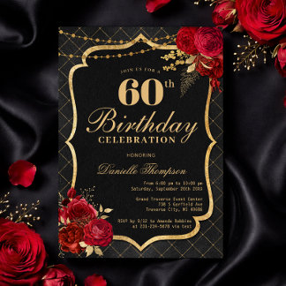 Black, Red & Gold 60th Birthday Invitation Kaart