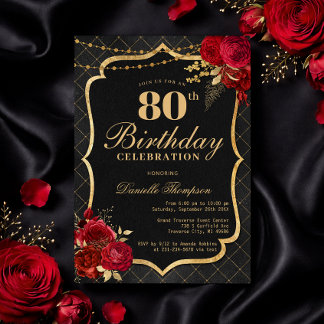 Black, Red & Gold 80th Birthday Invitation Kaart