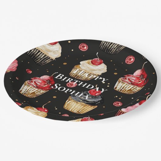 Black Red Gold Glam Cupcakes Verjaardag Papieren Bordje (Gekanteld)