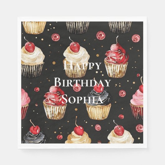 Black Red Gold Glam Cupcakes Verjaardag Servet (Voorkant)