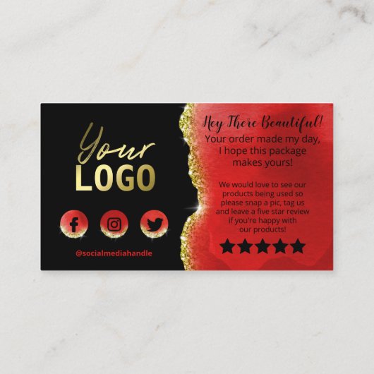 Black Red Gold Glitter Foil Agate Hartelijk dank Visitekaartje (Achterkant)