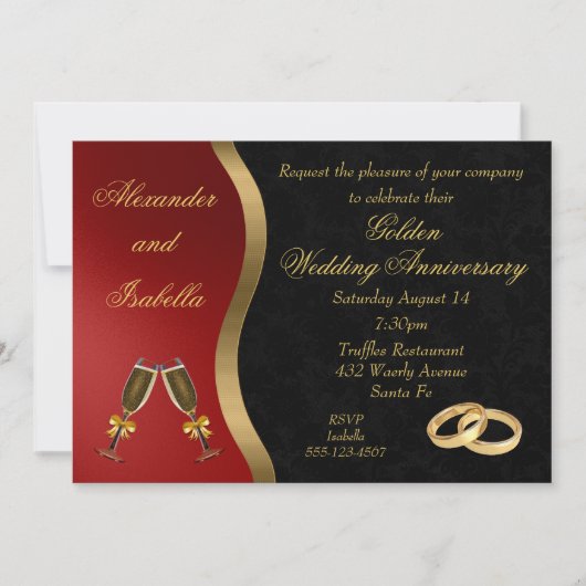 Black Red & Gold - Gouden Jubileum Uitnodiging (Voorkant)