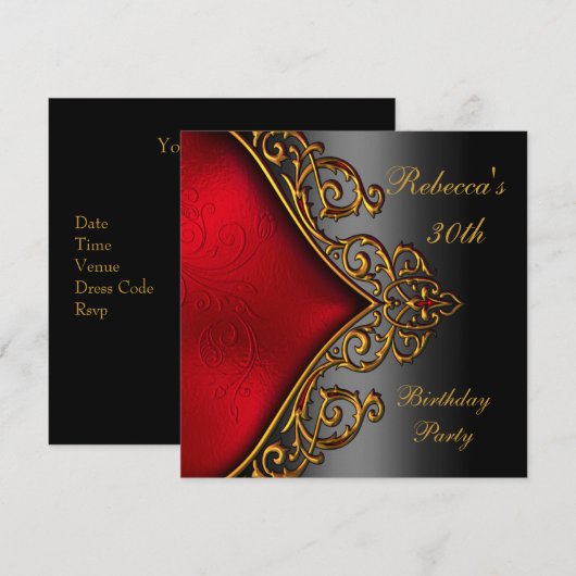 Black Red Gold Jewel 30th Elegant Birthday Party Kaart (Voorkant / Achterkant)