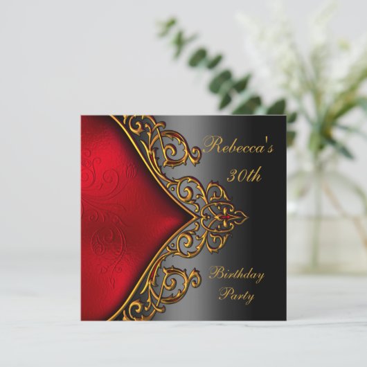 Black Red Gold Jewel 30th Elegant Birthday Party Kaart (Staand voorkant)