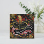 Black Red Gold Pearl Glam Masquerade Party Kaart (Staand voorkant)