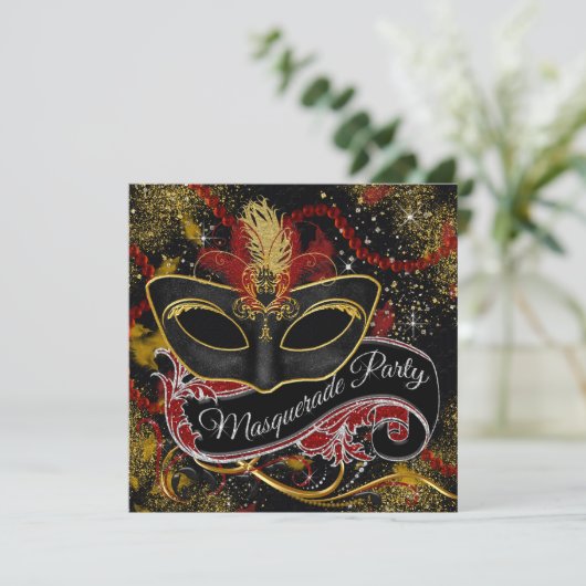 Black Red Gold Pearl Glam Masquerade Party Kaart (Staand voorkant)