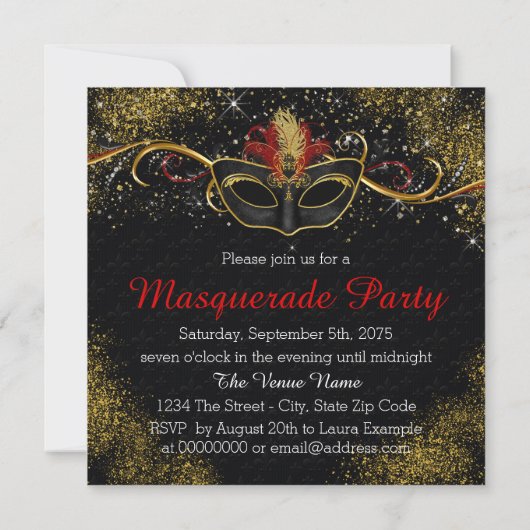 Black Red Gold Pearl Glam Masquerade Party Kaart (Achterkant)