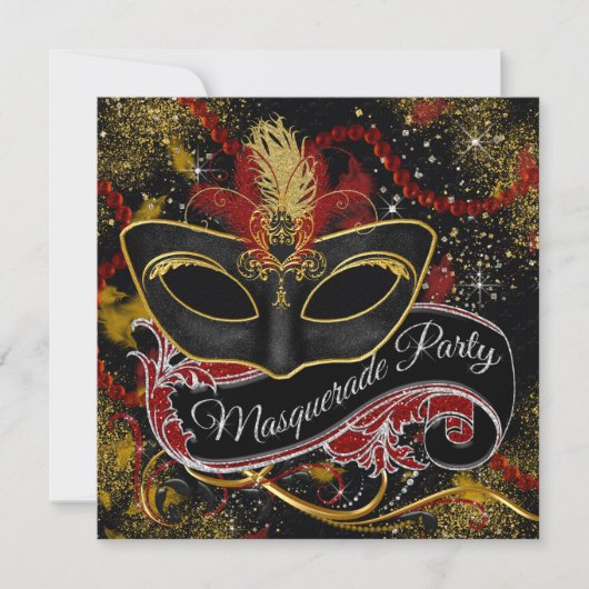 Black Red Gold Pearl Glam Masquerade Party Kaart (Voorkant)