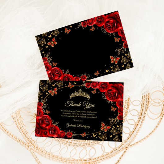 Black Red Gold Quinceanera Bedankkaart