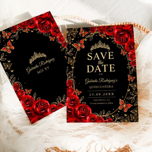 Black Red Gold Quinceanera Floral Save The Date