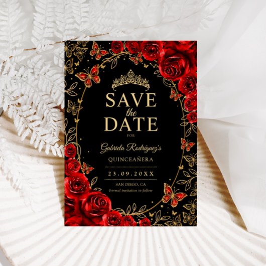 Black Red Gold Quinceanera Floral Save The Date