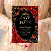 Black Red Gold Quinceanera Floral Save The Date