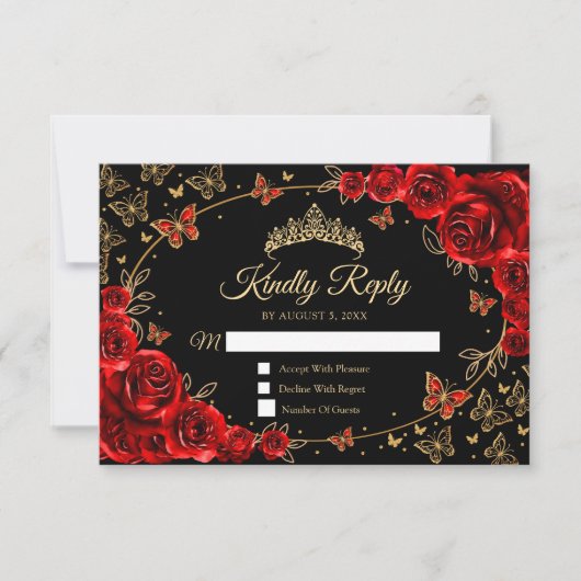 Black Red Gold Quinceanera Reply RSVP Kaartje (Voorkant)