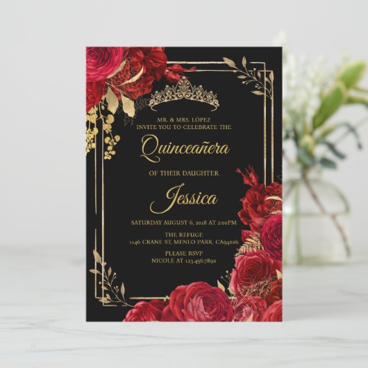 Black Red Gold Quinceanera uitnodiging (Staand voorkant)
