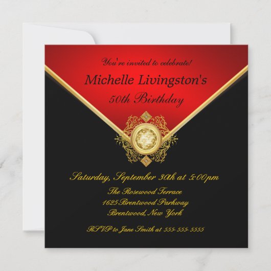 Black Red Gold Rhinestone Birthday Invitations Kaart (Voorkant)