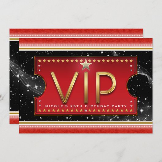Black Red Gold & Silver Glam VIP Ticket Uitnodigin Kaart (Voorkant / Achterkant)