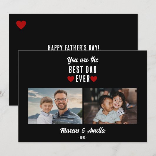 Black Red Hearts Happy Vaderdag 2 foto's Feestdagenkaart (Voorkant / Achterkant)