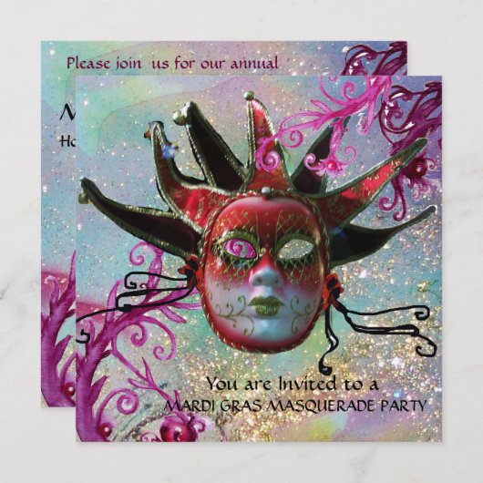 BLACK RED JESTER MASK, Masquerade Party Champagne Kaart (Voorkant / Achterkant)