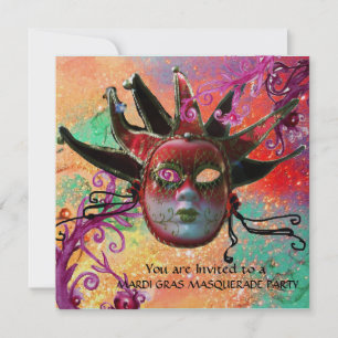 BLACK RED JESTER MASK, Masquerade Party Champagne Kaart