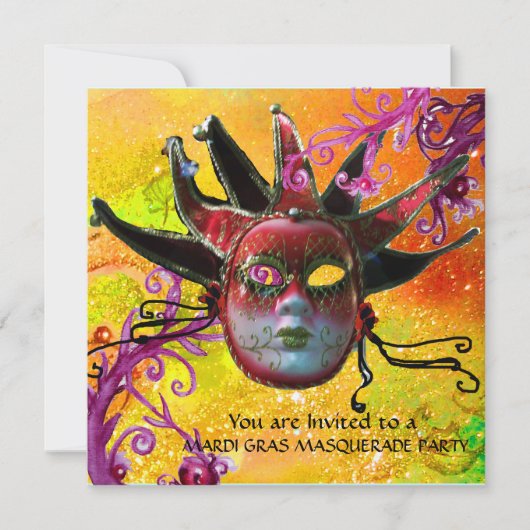 BLACK RED JESTER MASK, Masquerade Party Champagne Kaart (Voorkant)