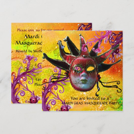 BLACK RED JESTER MASK, Masquerade Party Champagne Kaart (Voorkant / Achterkant)