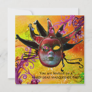 BLACK RED JESTER MASK, Masquerade Party Champagne Kaart