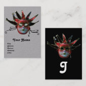 BLACK RED JESTER MASK, Masquerade Party Grey Visitekaartje (Voorkant / Achterkant)