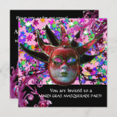 BLACK RED JESTER MASK, Masquerade Party Kaart (Voorkant / Achterkant)