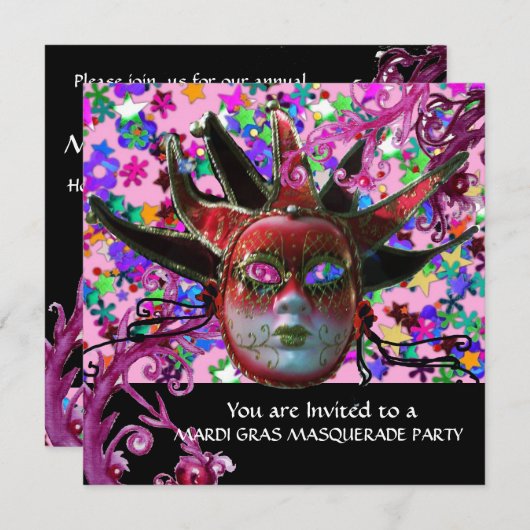 BLACK RED JESTER MASK, Masquerade Party Kaart (Voorkant / Achterkant)