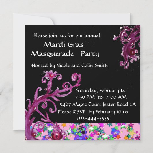 BLACK RED JESTER MASK, Masquerade Party Kaart (Achterkant)