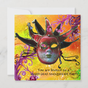 BLACK RED JESTER MASK, Masquerade Party Kaart