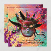 BLACK RED JESTER MASK, Masquerade Party Kaart (Voorkant / Achterkant)