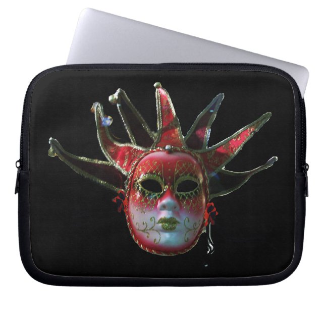 BLACK RED JESTER MASK, Masquerade Party Laptop Sleeve (Voorkant)