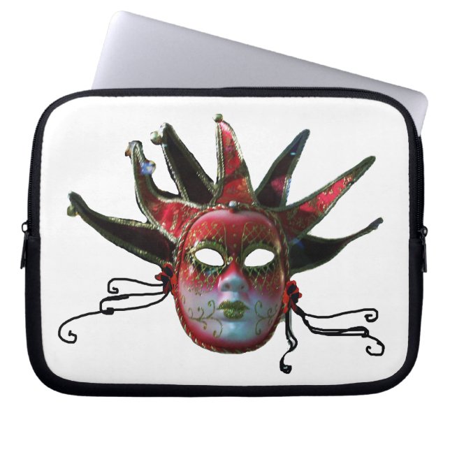 BLACK RED JESTER MASK, Masquerade Party Laptop Sleeve (Voorkant)