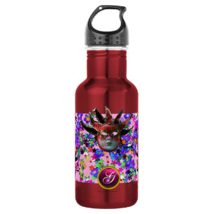 BLACK RED JESTER MASK, Masquerade Party Monogram Waterfles
