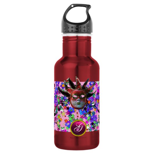 BLACK RED JESTER MASK, Masquerade Party Monogram Waterfles (Voorkant)