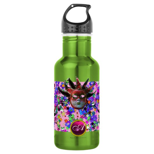 BLACK RED JESTER MASK, Masquerade Party Monogram Waterfles (Voorkant)