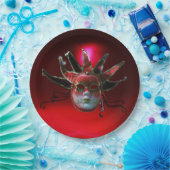 BLACK RED JESTER MASK, Masquerade Party Papieren Bordje (Feest)
