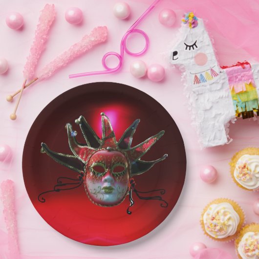 BLACK RED JESTER MASK, Masquerade Party Papieren Bordje (Feest)