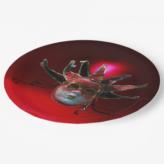 BLACK RED JESTER MASK, Masquerade Party Papieren Bordje (Gekanteld)