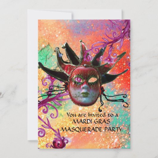 BLACK RED JESTER MASK, Masquerade Party Pink Red Kaart (Voorkant)