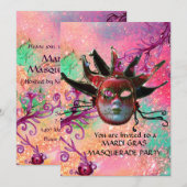 BLACK RED JESTER MASK, Masquerade Party roze Kaart (Voorkant / Achterkant)