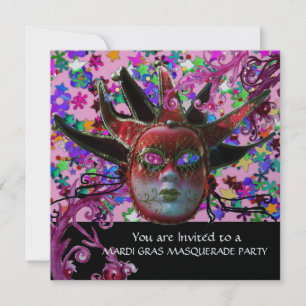 BLACK RED JESTER MASK, Masquerade Party Silver Kaart