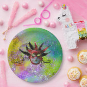 BLACK RED JESTER MASK Masquerade yellow violet Papieren Bordje (Feest)