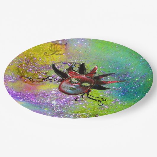 BLACK RED JESTER MASK Masquerade yellow violet Papieren Bordje (Gekanteld)